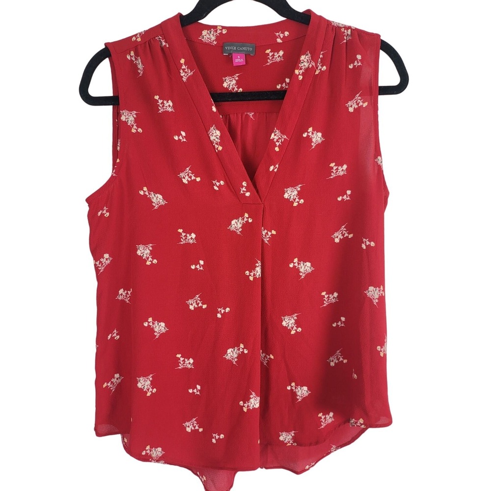 Vince Camuto Tank Blouse‎ S Womens Red Floral V Neck Pullover Flowy Light Weight